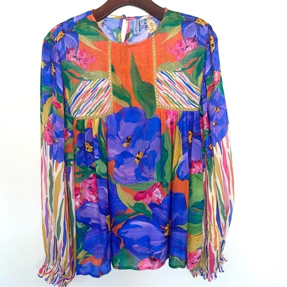 Bl^nk London Anthropologie Miranda Peasant Blouse S Balloon Sleeve Multicolor - Picture 5 of 9